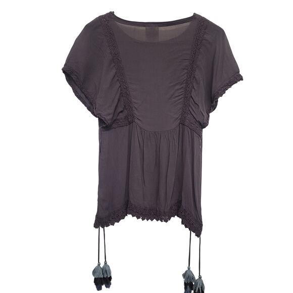 Knox Rose Boho Tassel Top XS Gray Lace Hem Peasant Style Blouse - Picture 3 of 7